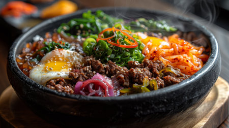 culinary diversity, bibimbap, a vibrant korean dish with colorful veggies, beef, and spicy gochujang, provides a delicious and nutritious meal in one bowlの素材