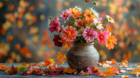 seasonal home decor, vibrant fall leaves adorning a vase of autumn flowers, setting a seasonal tone with a touch of natures beautyの素材