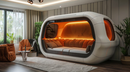 futuristic robotic furniture adapts to inhabitants preferences with a touch, changing the home interior dynamically and redefining traditional decor conceptsの素材