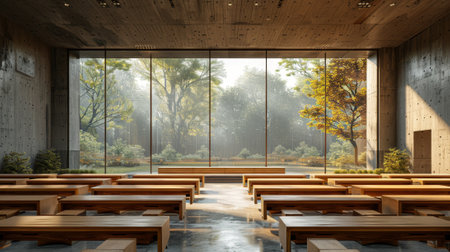 university classroom with sunlight streaming through windows and wooden desks, symbolizing academic learning and educationの素材