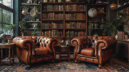 cozy vintage coffee shop, cozy coffee spot featuring leather armchairs and a bookshelf of classic reads, ideal for peaceful reading or engaging conversationsの素材