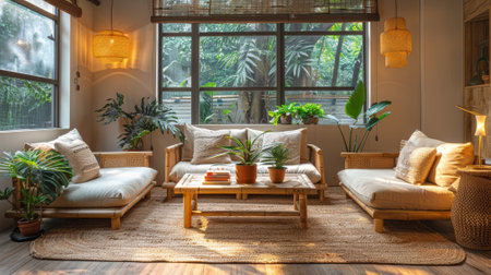 an eco-conscious living room featuring wooden furniture and greenery, showcasing a sustainable approach to interior designの素材