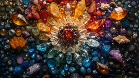 vibrant gemstones in mandala pattern, astrology gem concept with mystical vibes a colorful background with celestial influenceの素材