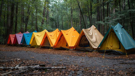a line of vibrant tents in the forest, evoking a summer camp atmosphereの素材