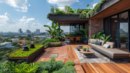 urban rooftop oasis, rooftop garden with lush greenery offers a peaceful sanctuary amidst the urban bustleの素材
