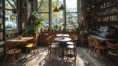 coffee shop decor, chic coffee corner featuring quaint wooden furniture and a stylish decor, perfect for coffee aficionadosの素材