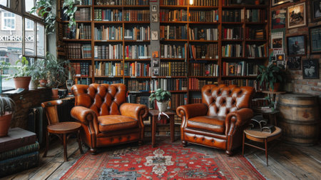 retro coffee lounge, a classic cafe boasting leather armchairs and shelves stocked with old books, ideal for both reading alone or chatting with a palの素材