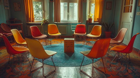 group therapy setting with a vibrant tissue box in the center, symbolizing mental health support and care in a circle of chairsの素材