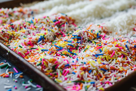dessert decoration, bright sprinkles and shredded coconut on a tray offer a colorful and enjoyable treat of coconut sweets for a delightful experienceの素材
