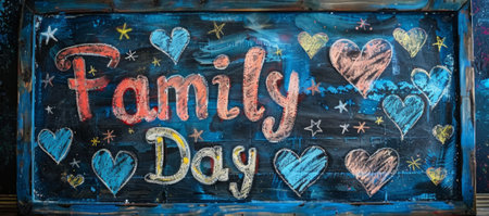 chalkboard art, family day is written in colorful chalk on a blackboard, embellished with hand-drawn hearts and stars, creating a festive displayの素材