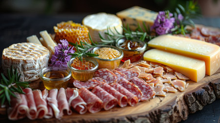 gourmet charcuterie board, a stylish charcuterie board combines handcrafted cheeses, fresh honeycomb, and edible flowers on a dark wooden backdropの素材