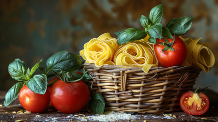 italian cuisine display, a woven basket showcasing assorted pasta, paired with a juicy tomato and fresh basil, bringing to mind the charm of an italian marketの素材