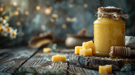 a retro glass jar holding beef tallow, a classic cooking fat for boosting flavor in dishes, complements a rustic kitchen themeの素材