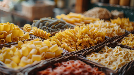 vintage pasta basket, a vintage-inspired pasta basket featuring penne, fusilli, farfalle, and more, offering a culinary journey through the world of pastaの素材