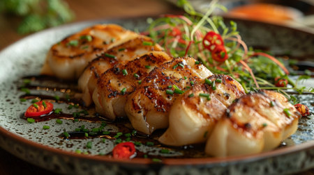 a chic plate of expertly arranged gyoza dumplings, an elegant and modern presentation idea for a restaurant menu coverの素材