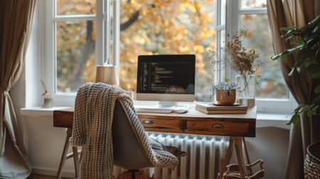 minimalist scandinavian home office featuring a sleek wooden desk and a cozy chair by the window, showcasing a modern interior design aestheticの素材