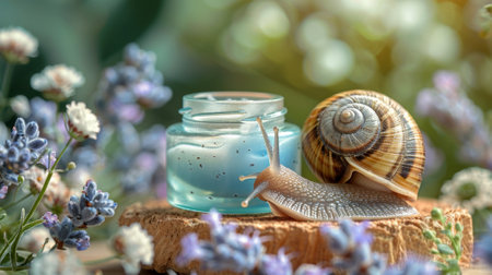 close-up shot of snail mucin cream jar and adorable snail figurine, showcasing skincare beauty conceptの素材