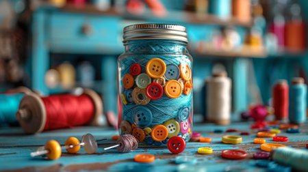colorful buttons, thread spools, and needles scattered at a crafting station evoke a vibrant diy crafts concept within a jarの素材