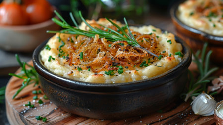 gourmet comfort food, buttery mashed potatoes with crispy fried onions, a decadent and comforting dish to enjoyの素材