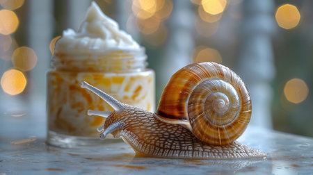 a golden snail gracefully moves next to a jar of snail mucin cream, showcasing a natural skincare concept in a close-up shotの素材