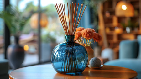 home fragrance decor, elevate the atmosphere with a stylish glass jar filled with scented reed diffusers, perfect for any roomの素材