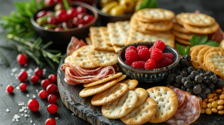 a variety of crackers and breadsticks complementing a charcuterie board, gourmet dining concept with ample space for textの素材