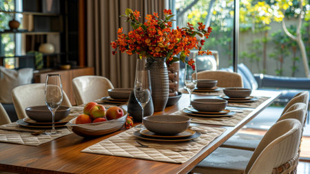 table decor trends, a cozy, homemade table runner made of patchwork quilts adds a touch of elegance and warmth to the dining tableの素材