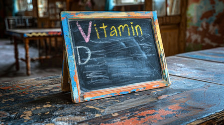 nutrition education, a tiny chalkboard with the phrase vitamin d displayed in vibrant colors to raise awareness about healthの素材