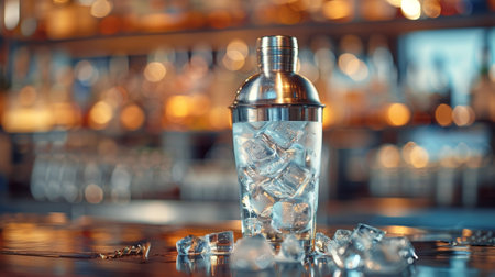 cocktail making, a shaker with ice cubes and gin, all set to craft a delicious and revitalizing martini cocktailの素材