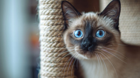 fluffy feline exploration, inquisitive siamese cat with bright blue eyes peeking out from behind a scratching post and exploring its surroundingsの素材
