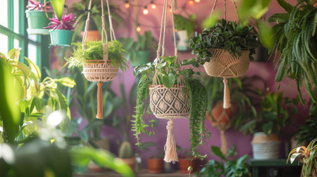 bohemian plant decor, trendy and eco-friendly macrame plant hangers with intricate patterns and tassels perfect for showcasing indoor plantsの素材