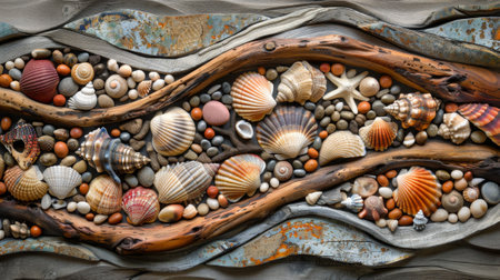 driftwood artistry, a stunning handcrafted driftwood mosaic with shells and stones, evoking the beauty of the ocean in a true work of artの素材
