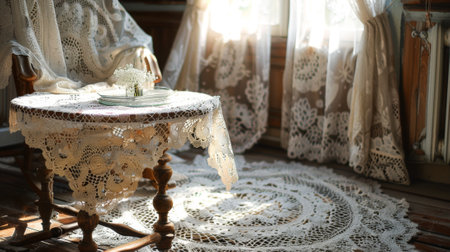 vintage home decor, crochet doilies handcrafted and sprinkled on a lace-adorned table, evoke a nostalgic cottagecore vibe in the roomの素材