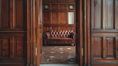 therapists office, showcasing the psychologists office door opening to a waiting room featuring a stylish leather couch, creating a welcoming atmosphereの素材