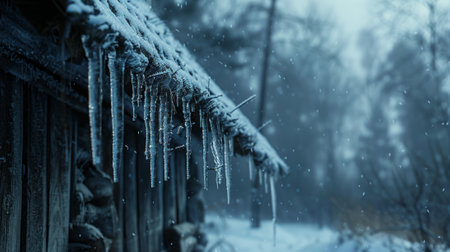 icicles hanging from a cozy cottage roof represent the beauty of winter, creating a stunning seasonal bannerの素材