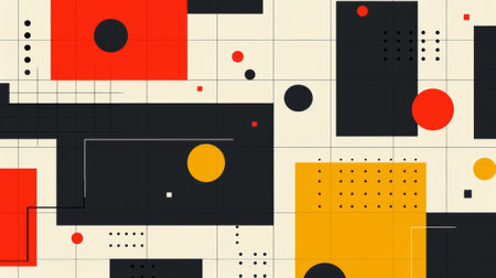 modern art display, a blend of shapes and colors on a minimalist bauhaus grid background, creating a visually appealing and harmonious aestheticの素材
