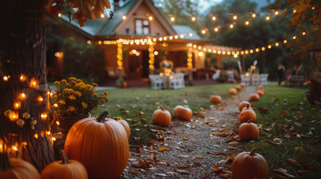 seasonal wedding decor, consider using pumpkins and fairy lights for autumn outdoor wedding decor ideas to create a cozy ambianceの素材