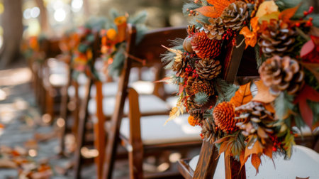 outdoor fall wedding decor, chairs adorned with dried leaf and pine cone wreaths, adding a rustic touch to an outdoor fall wedding with natural dcor elementsの素材