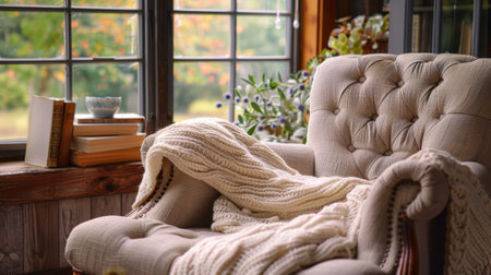 french country reading nook, a peaceful reading spot near the window with a soft chair, a warm blanket, and classic french books, adding charm to a country-style homes cornerの素材