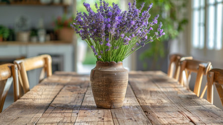 french country dining space, a warm and welcoming interior design featuring a rustic wooden table paired with vintage french chairs and a vase of lavender, creating a cozy ambianceの素材