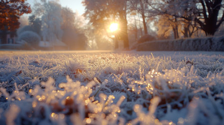 natures beauty, the golden morning sunrays sparkle on the frosty grass as it gradually rises, creating a radiant carpet under the skys canvasの素材
