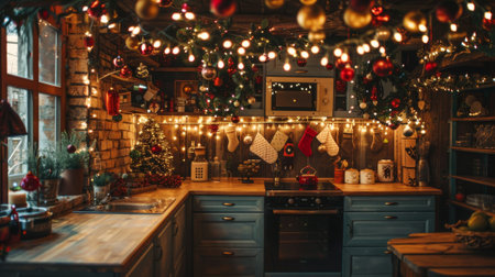 a warm kitchen adorned with christmas lights and decorations, perfect for holiday cooking and creating a festive atmosphereの素材