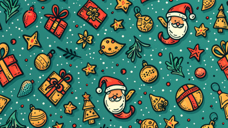 christmas doodle print, illustration of christmas ornaments, santa hats, and presents in a colorful doodle print on a green background ideal for fabric or gift wrapping designの素材