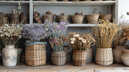 cottagecore decor, wicker baskets full of dried flowers rustic wooden accents capture the essence of cottagecore interior designの素材