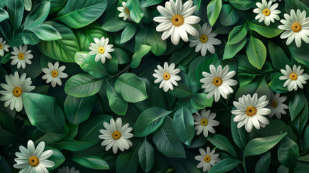 botanical garden trend, fresh green leaves and blooming daisies form a lively floral pattern, encapsulating gardencores abstract design with a springtime feelの素材