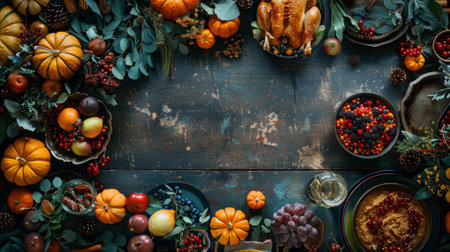 thanksgiving banner, thanksgiving day banner with a rustic table, seasonal produce, and family vibes, leaving room for text in a traditional designの素材