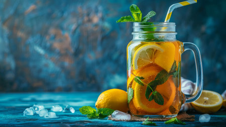 summer beverage concept, pitcher of summer-ready homemade iced tea garnished with lemon slices and mint leaves, offering a refreshing drink with a backdrop for additional designsの素材
