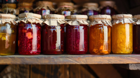homemade jam display, a collection of vibrant homemade jams showcased in colorful jars on a kitchen shelf, customizable with your logo or messageの素材