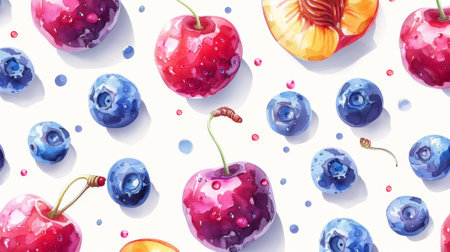 summer fruit clipart, a lively summer fruit clipart set featuring cherries, blueberries, and peaches on a white background, perfect for brightening up your designsの素材