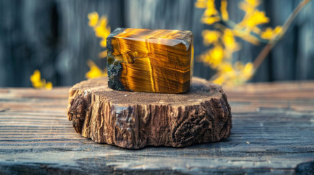 crystal display stand, tiger eye gemstone on a wooden stand, ideal for crafting jewelry and healing properties, reflects beautifully with a shiny finishの素材